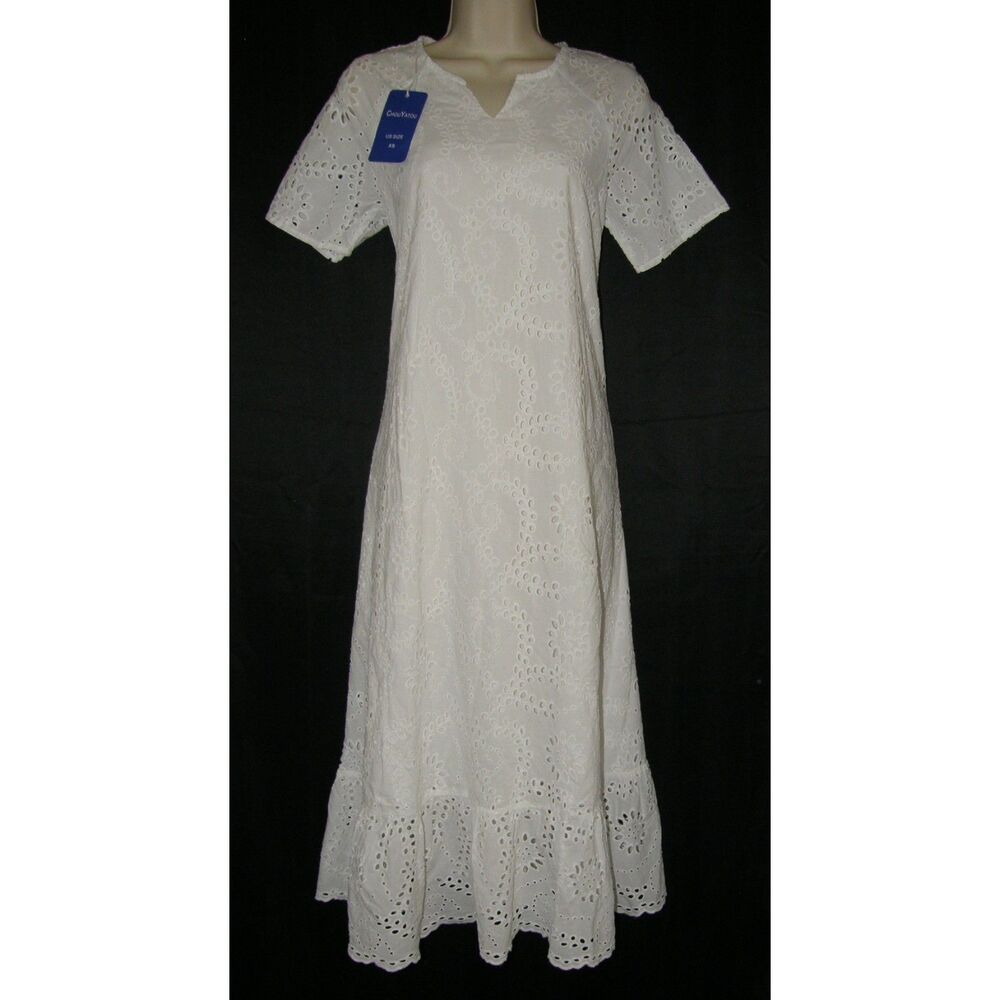 NEW NWT White Sz XS Casual Wear Lined Eyelet Boho Maxi Dress Pockets CHOUYATOU